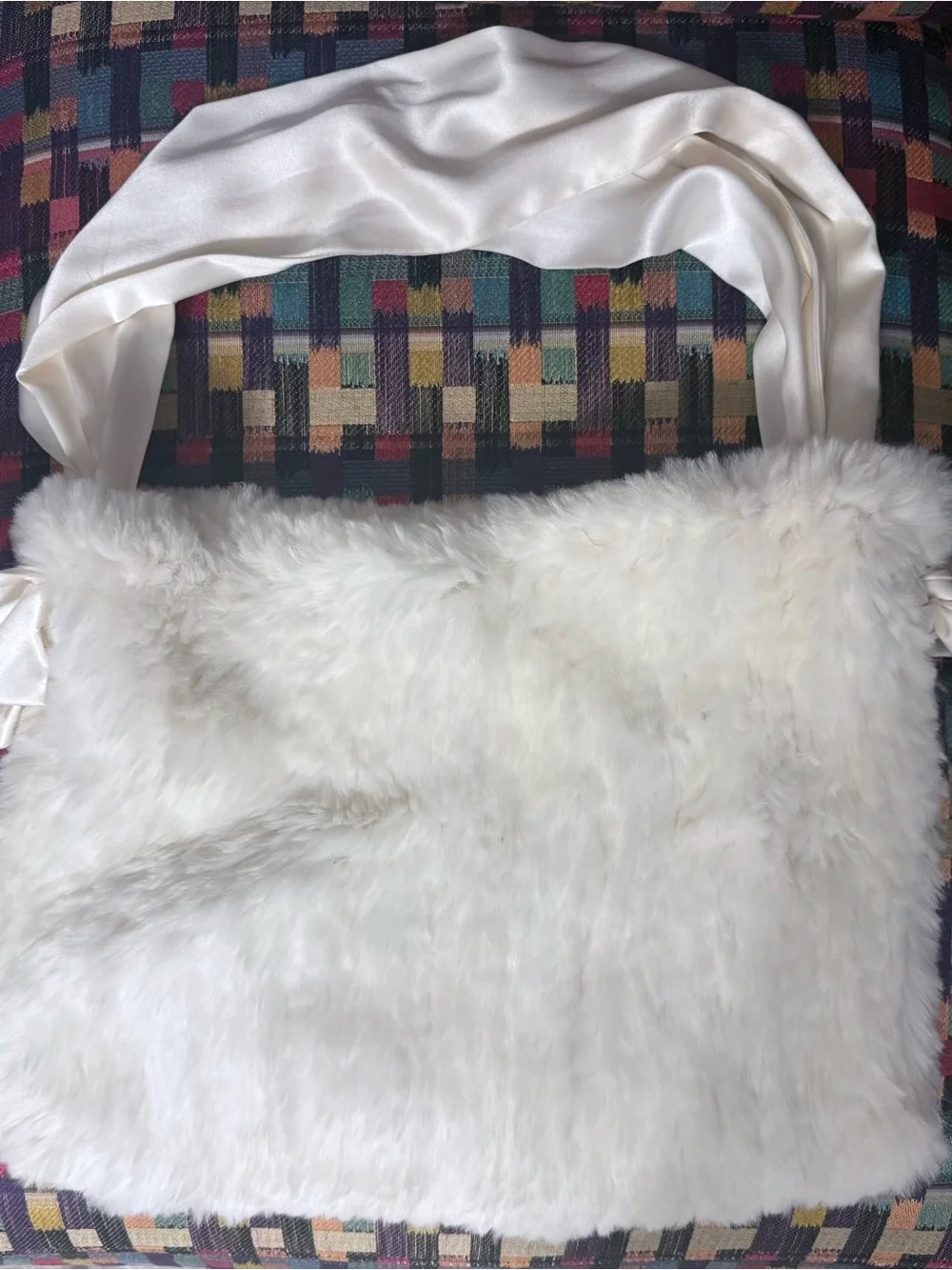Vintage Ultra Plush Rabbit Fur Shoulder Bag in Ivory with Satin Straps